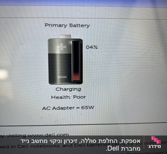מסך מחשב עם מצב סוללה ראשית בטעינה, 4%